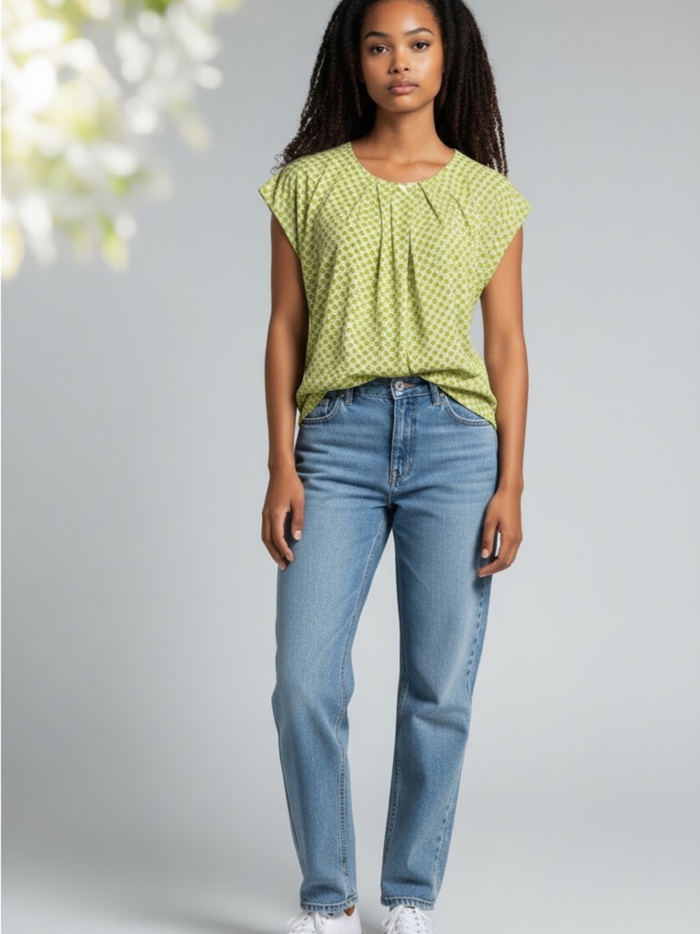 Liz Claiborne Petite XL Green Geometric Print Pleated Blouse Cap Sleeve